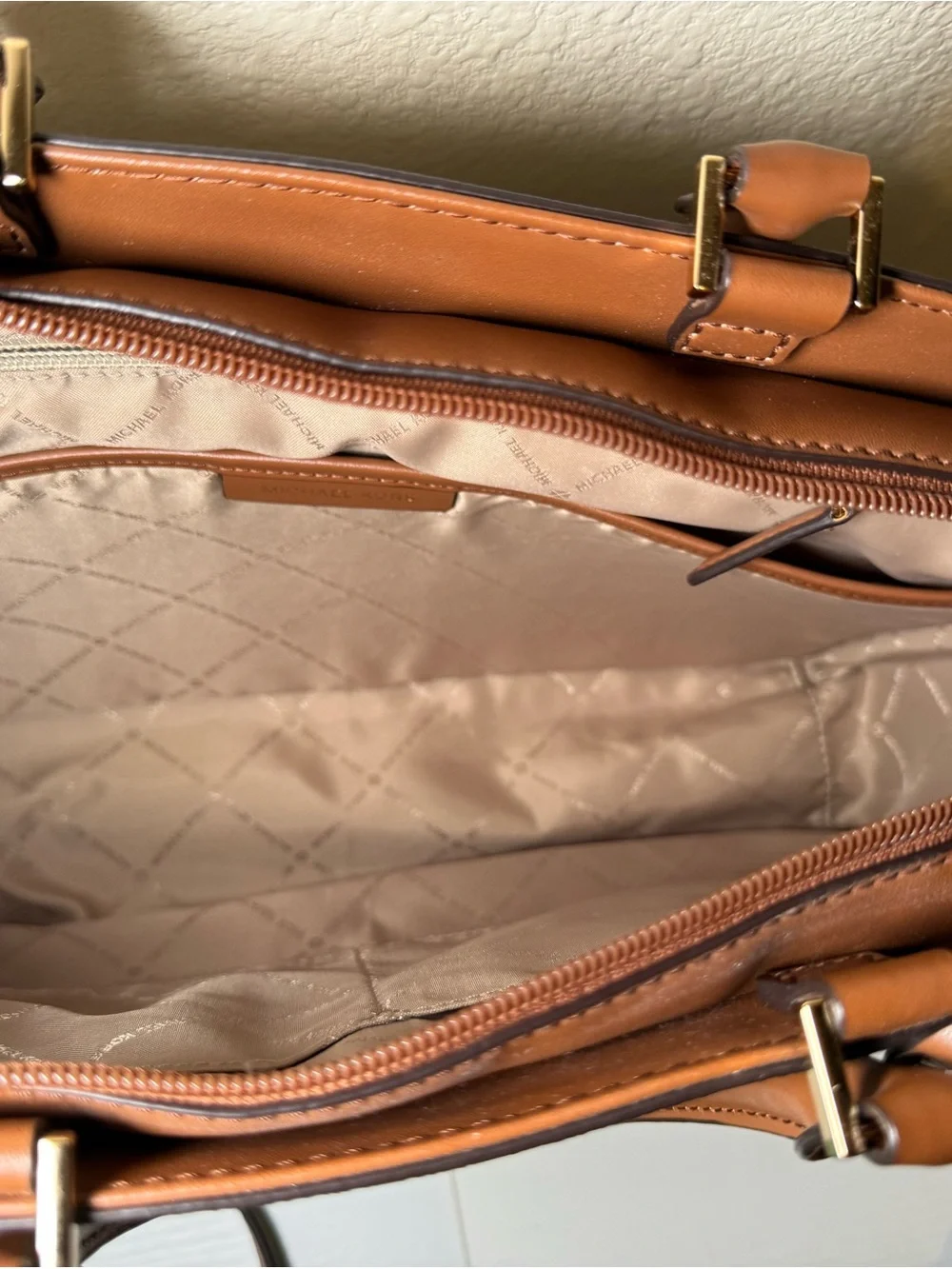 Michael Kors Brown and White Signature MK Satchel